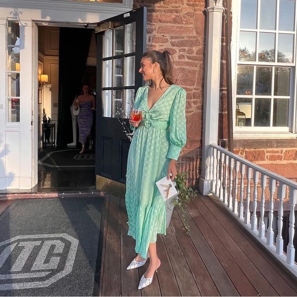 PATBO Satin Dot Printed Green Maxi Dress - Picture 1 of 4